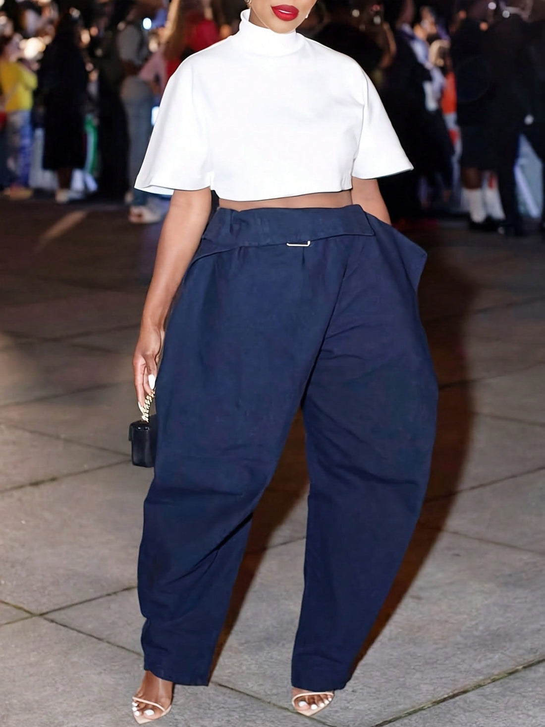 Effortless Street Chic: Bold Navy Trousers & Minimalist White Crop Top